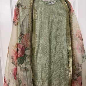 Elegant Floral Women Salwar by Banas in Green and Cream suit